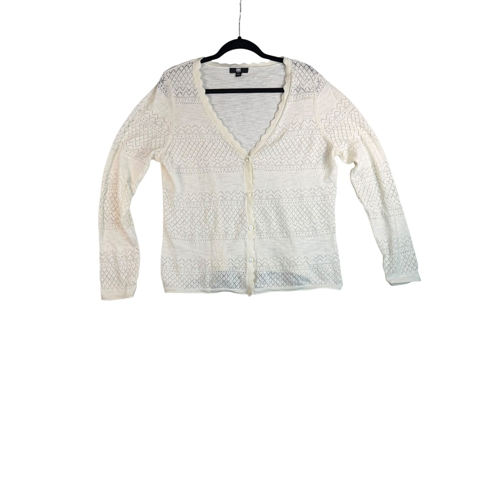 Fryeโ Cream Pointelle Knit Scalloped V-Neck Cardigan Sweater Womens Large Ivory